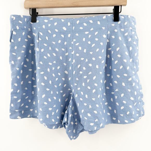 LOFT ANN TAYLOR Shorts SZ Large Linen Blend Pleat Pull On Shorts Blue White Geo - Picture 1 of 8